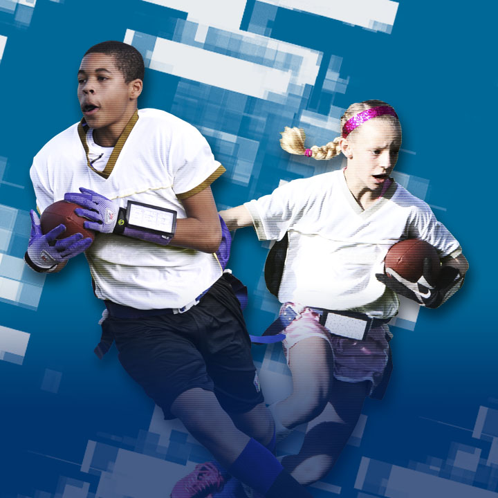 graphic of boy and girl holding footballs and running