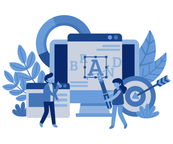 Illustrated graphic of two people working on branding in blue tones
