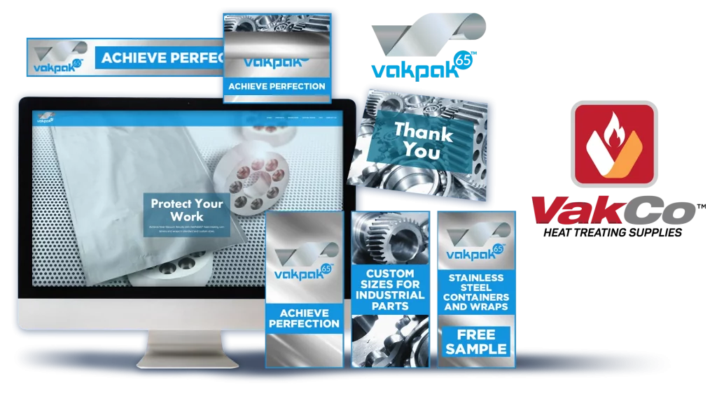 graphic with VakCo Heat Treating Supplies logo and variety of designs and website elements