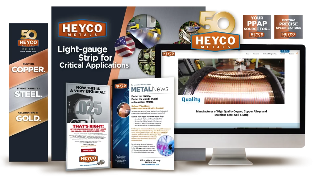 Graphic of Heyco Metals tradeshow booth, logo, print and web materials