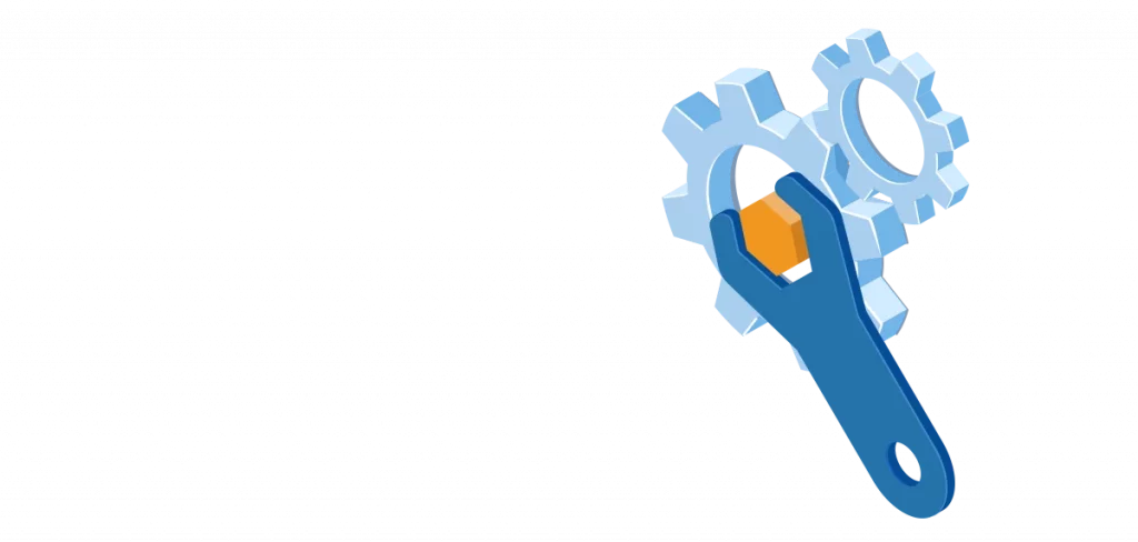 Illustration of a blue wrench and gears